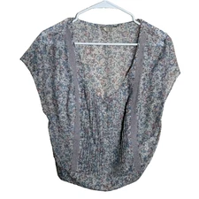 Guess Blouse Women's Large Floral V-Neck Pleated Sheer Cottage Boho Top