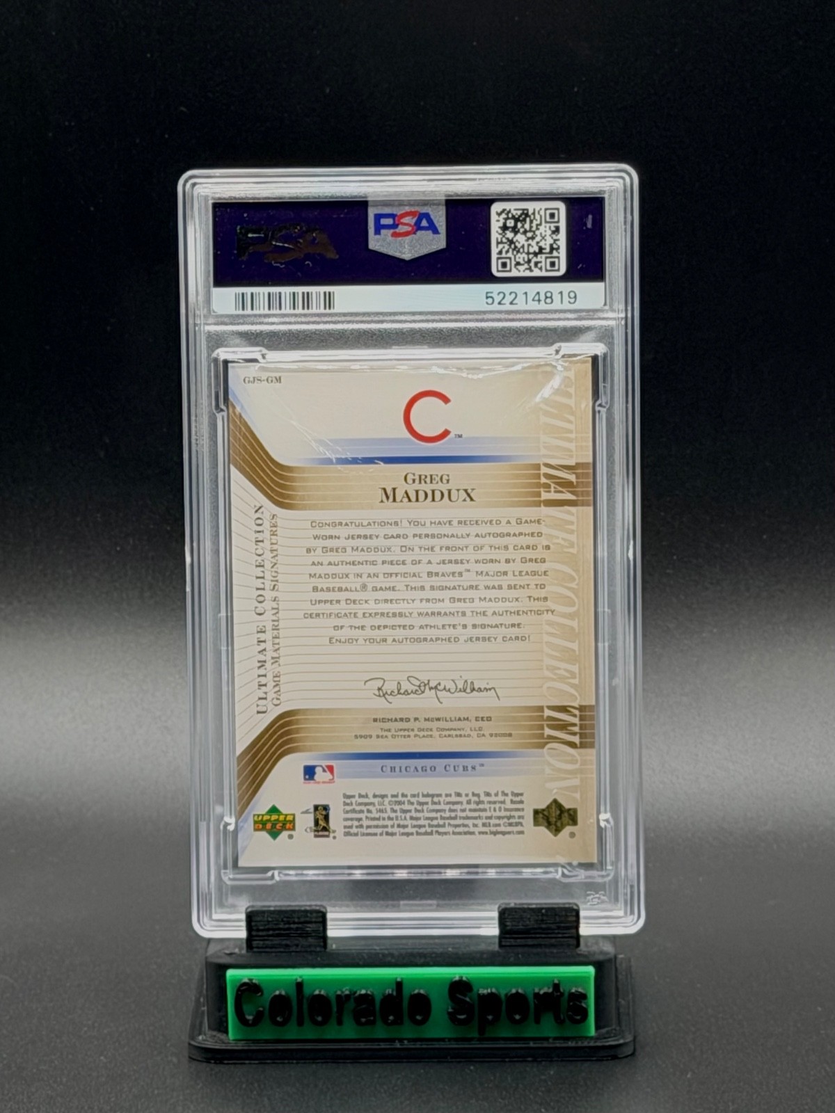 GREG MADDUX 2004 UD Ultimate Game-Worn Patch Autograph 29/50 PSA 8 (pop 1) view 2