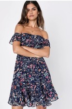 Lulus My Favorite Navy Blue Floral Print Off-the-Shoulder Dress Womens M