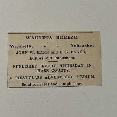 Wauneta Breeze John W. Hann E. L. Baker Wauneta NE 1890 Newspaper Ad SAI8-S69