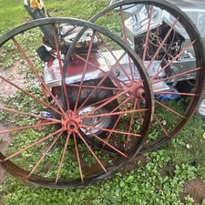 Set Of Antique Metal Red Spoked Wagon Wheels & Rims For Tractor Equipment