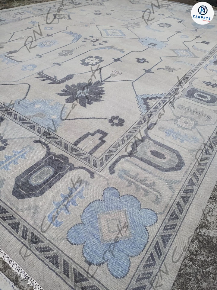 Alfombras Oushak beige alfombras de sala 9x12, 10x14, 12x18 alfombras modernas anudadas a mano Foto 2 de 4