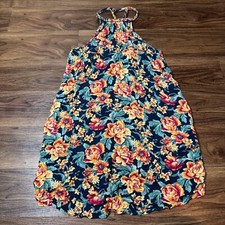 American Eagle Womens L Long Floral Sundress Dress Blue Spaghetti Strap Pockets