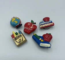 5 Button Covers School Teacher Books Apple Globe Crayons Red Blue Yellow Lot