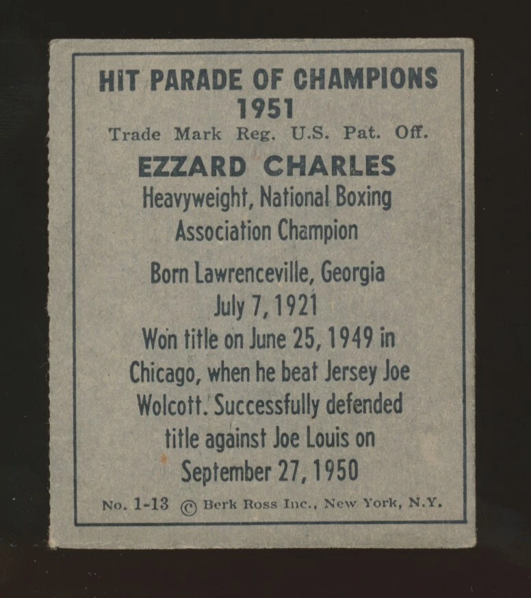 1951 Berk Ross -#1-13 EZZARD CHARLES (Heavyweight Boxing Champion) - Image 2 of 2
