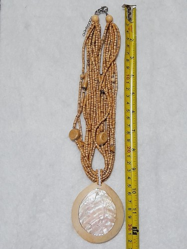 Wood Beaded Multi Strand Mother Of Pearl Pendant Necklace - Picture 12 of 12
