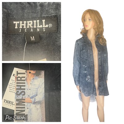 Thrill Jeans Hi Low Denim Shirt Women Dark Gray Acid Wash Destroyed size M 