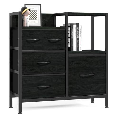 Chest of Drawers 2 Tier Shelf Dresser for Bedroom 5 Drawers Storage Black Oak - Picture 1 of 7