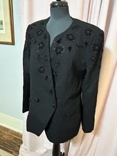 John Meyer Of Norwich Women’s Size 12 Jacket Black Beaded Wool Lined Blazer Embr