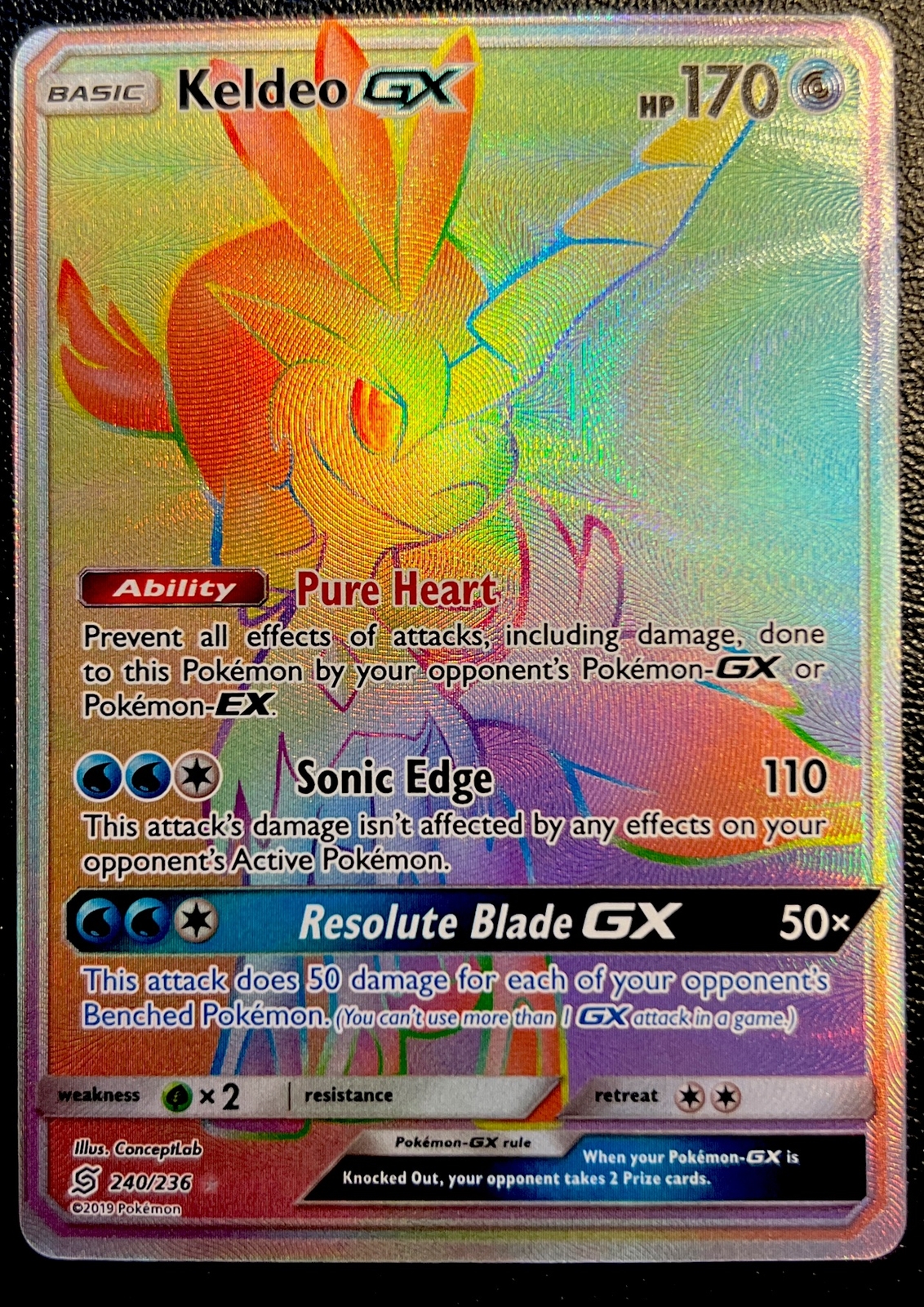 Keldeo GX 240/236 NM Miscut OFC Hyper Ghost Rainbow Secret Rare Pokemon Card!