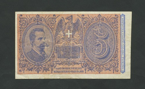 ITALY 5 lire 1892 Alfa 47 Very Fine World Paper Money - Picture 2 of 4