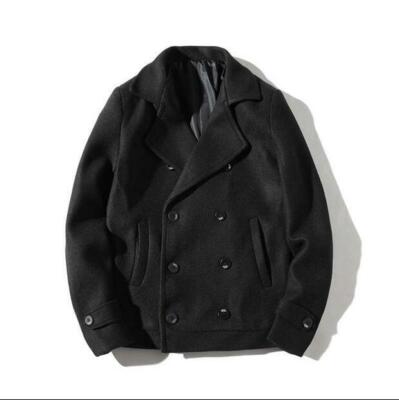 Mens Wool Blend Short Slim Fit Coat Double Breasted Lapel Collar