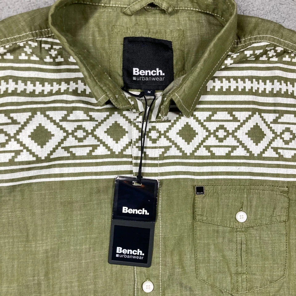 Bench Urbanwear Shirt Men's Medium Olive Green Aztec Button Up Short Sleeve - Image 2 of 4