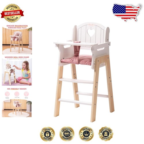 Durable Wooden Doll High Chair with Pink Cushion for Creative Play - Small Size