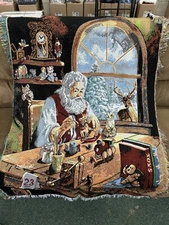 Christmas Throw Blanket Northwest Company Tapestry USA 42X62” Santa’s Workshop