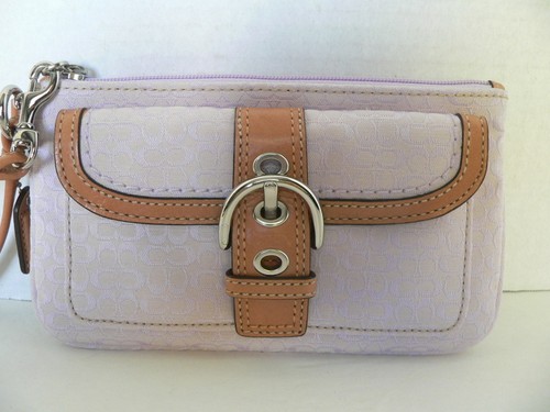 Vtg Coach Lavender Signature Print Wristlet Tan Leather Trim Clutch - Picture 3 of 12