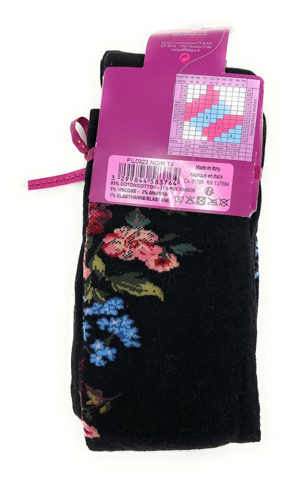 Fil de Jour France Cotton Angora Blend Tights, Black Flowers, S/M Made in Italy - Image 3 of 4
