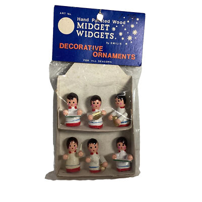 VTG Hand Painted Wood (6) Christmas Ornaments Midget Widgets Emilie Taiwan NOS