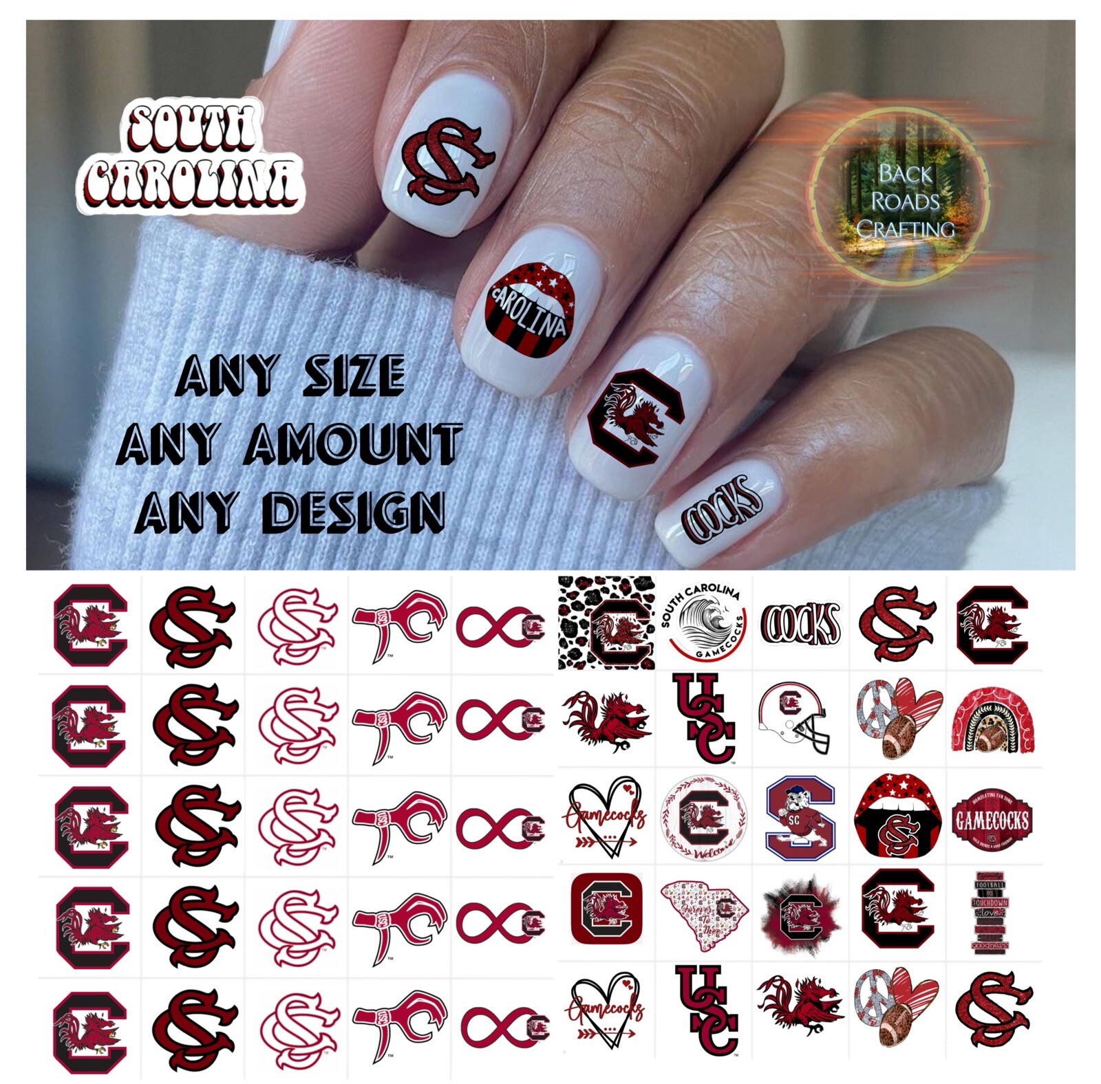 South Carolina Gamecocks Waterslide Nail Decals Set Of 50 Bonus Instructions