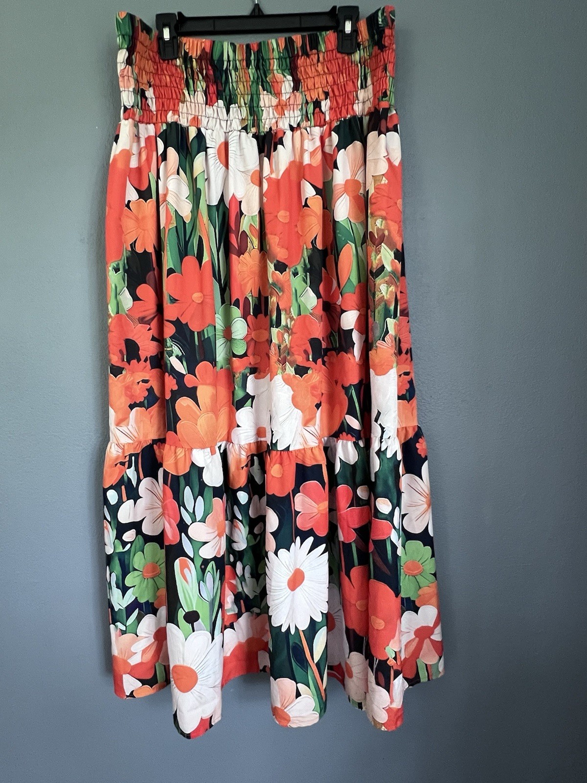Maxi Skirt Size 2XL Tropical Hibiscus Flowers Pull-on Elastic Waist Flowy Tiered-image
