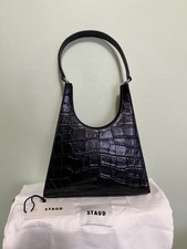 STAUD Rey Black Embossed Leather Shoulder Bag with Croc Design, Silver Hardware