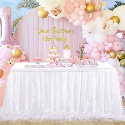 Queendream 6Ft White Tulle Table Skirt For Rectangle Tables Or Round Tables Led