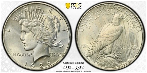 1926-D Peace Dollar PCGS UNC Details Better Date - Nice Coin - Gold Shield