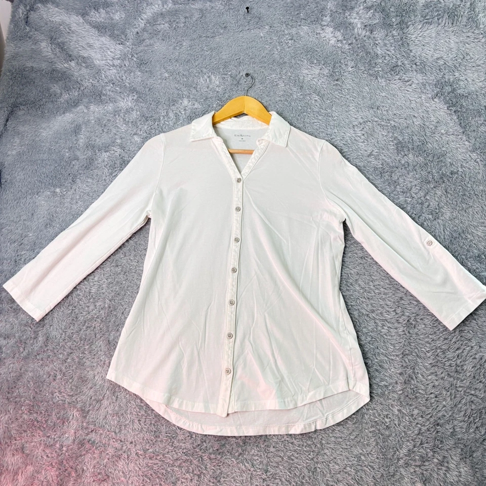 Kim Rogers Mujer M Blanco Manga Larga Cuello en V Top Algodón Dobladillo Curvo Foto 2 de 4