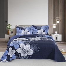 Quilt Queen Size, 3 Pcs Navy Blue Floral Boho Bedspread Coverlet Set
