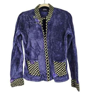 Icelandic Design  Purple Full Zip Cardigan Velvety Floral Women's Size Small