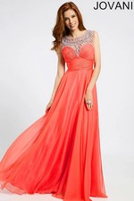 Jovani Prom Evening Gown Dress Women 4 Coral Orange Illusion Neck Crystal Beaded