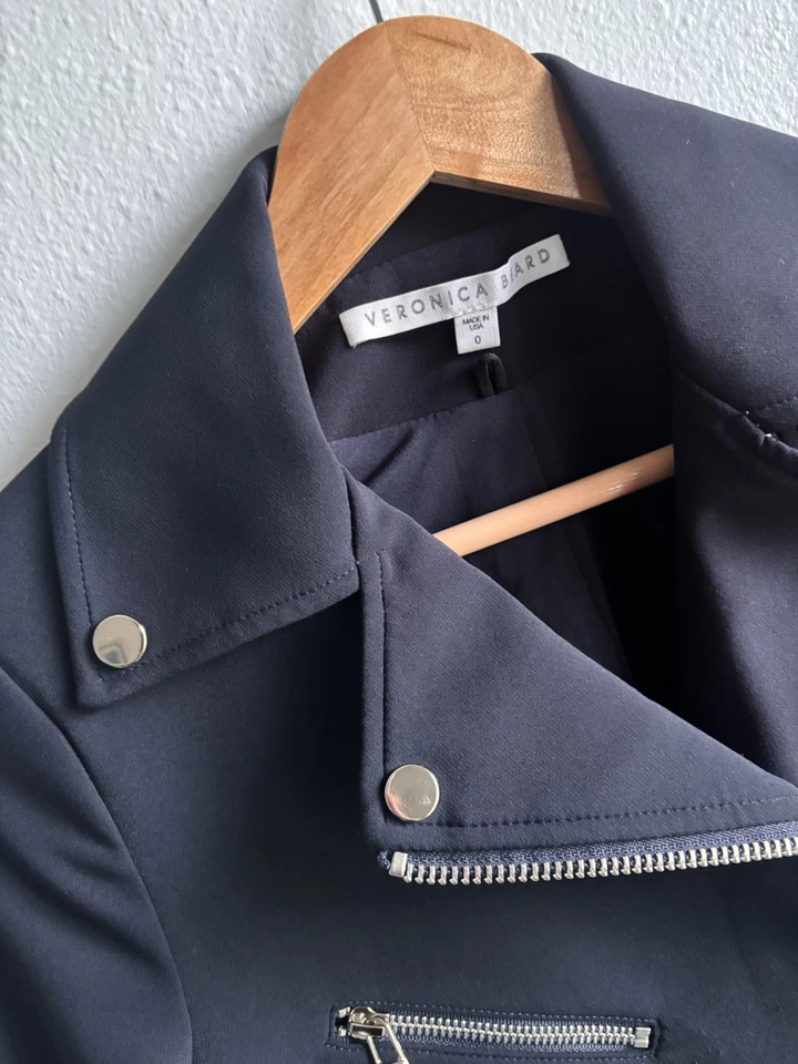 Chaqueta de Moto Veronica Beard Hadley Azul Marino Cremalleras Bolsillos de Buceo Hecha en EE. UU. Talla 0 Foto 4 de 4