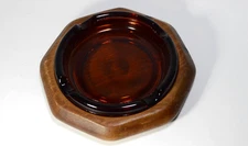 Vintage 6” Amber Glass Ashtray Octagon Wood Base  Cigar / Cigarette