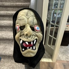 Hooded Latex Monster Vampire Mask Bulging Eyes Fangs Black One Size