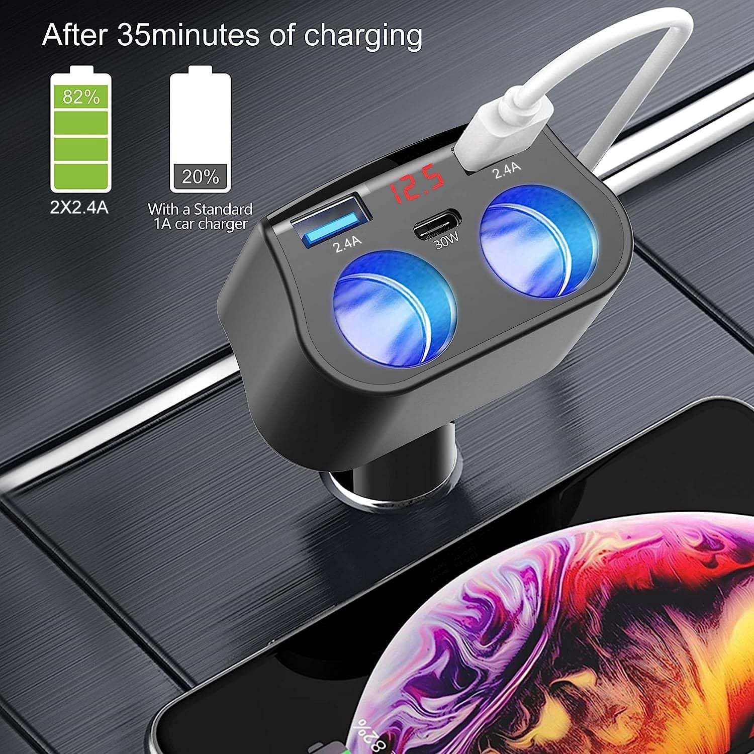 Dual Car Charger Adapter, 200W Double Cigarette Lighter Adapter Outlet Dual C...