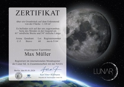 Mondgrundstück, Mond Urkunde, Geschenk, personalisiert   fälschungssicher  