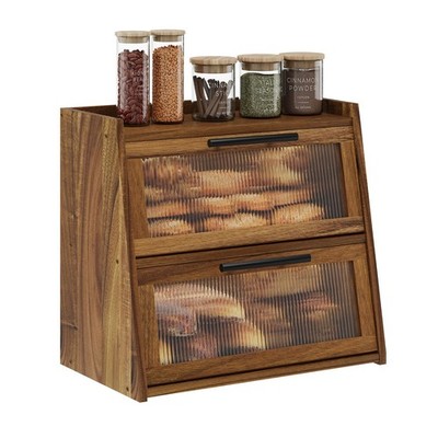 Bread Box for Kitchen Counter, Wooden Double Layer Bread Storage Container Bi...