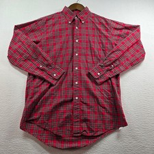 Vintage Lands End Mens Red Plaid Button Down Shirt 16/33 Cotton Made in USA 8/91
