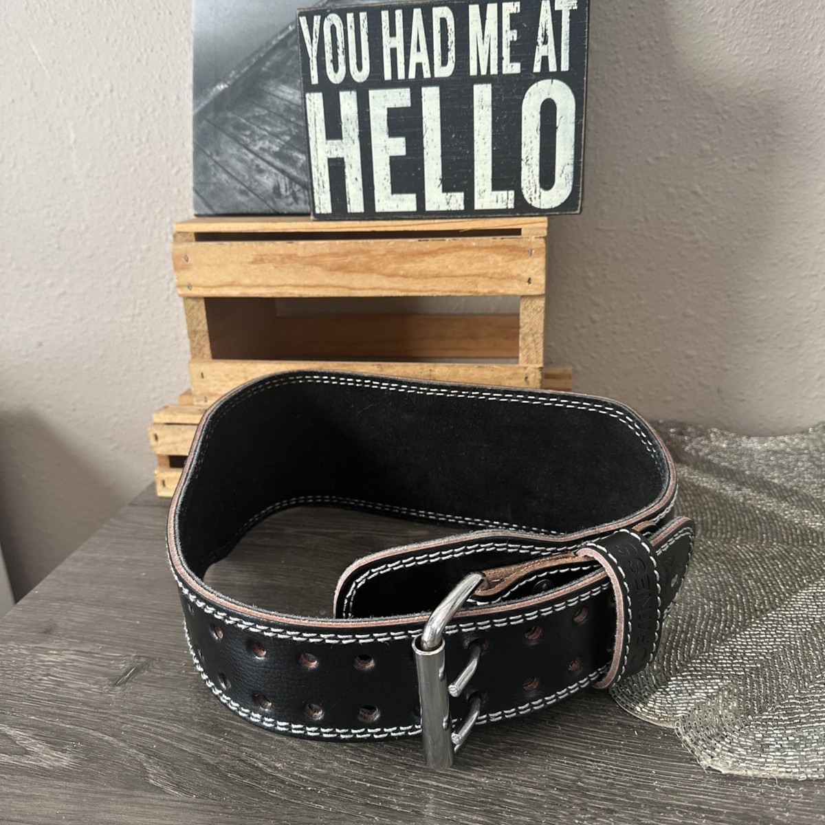 Pro-Fitness Black LEATHER Logo Adjustable Workout Belt Size SMALL NWOT