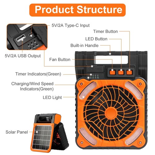 Ventilador Solar Camping con Linterna LED 5200mAh Recargable Funciona con Batería Portátil - Imagen 9 de 12