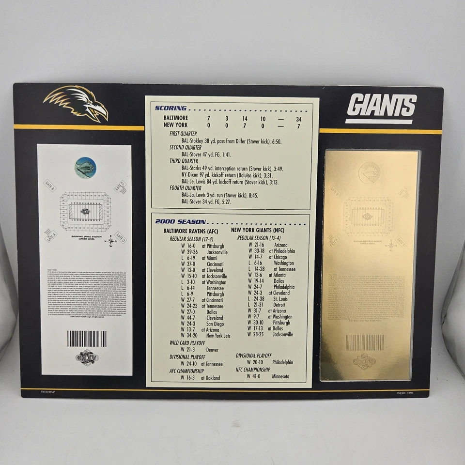 Placa Jugador Más Valioso del Super Bowl XXXV 35 2001 22K Boleto Oro Ravens Giants NFL Ray Lewis Foto 2 de 4