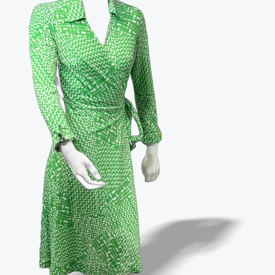 Vestido envolvente Diane von Furstenberg años 70 vintage verde estampado geo manga larga 6 Foto 2 de 4