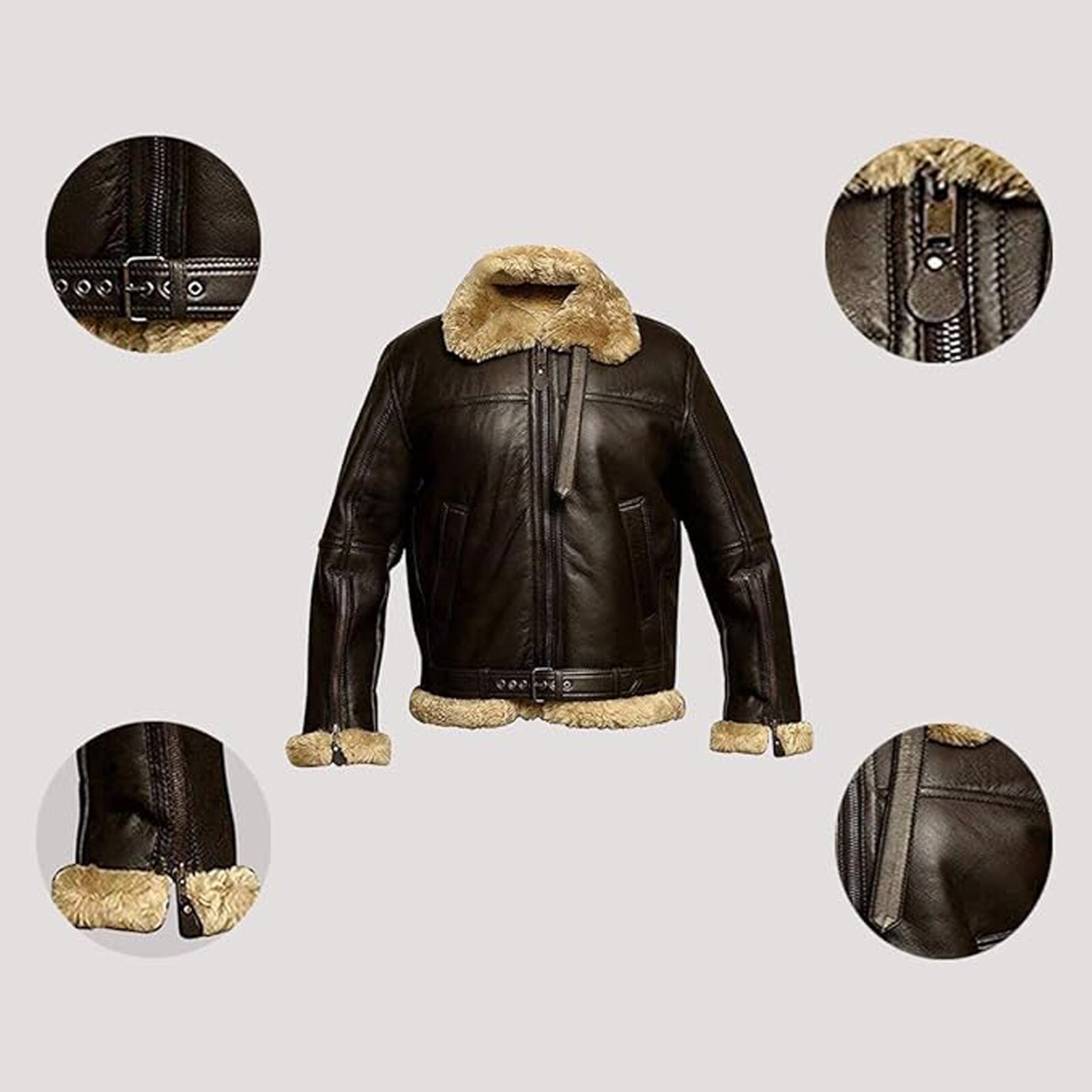 Men's RAF Shearling Leather Bomber Jacket Real Sheepskin Aviator WW2 Flight Coat image 8