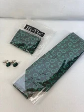 Hi-Tie Men Black Green Circle Dots Tie with Cufflinks and Pocket Square Tie Set