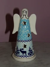 Polish Pottery Small Angel Tea Light! Merry Moose Pattern!
