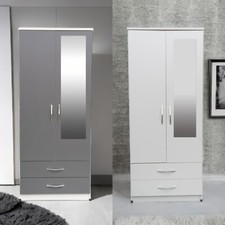 Assembled Tall Wooden 2 Door Mirror Drawer Wardrobe Bedroom Storage Hanging Bar