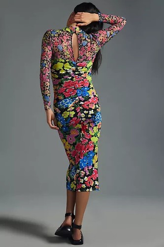 Anthropologie Mesh Halter Mock-Neck Dress Floral Bodycon Midi Size Small S NWT - Picture 6 of 10