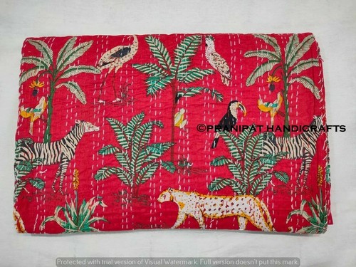 Indien Queen Animal Print Blanket Red Summer Cotton Home D?cor Kantha Quilt - Picture 2 of 4