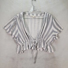 Grade Gather Women Top Size L Blue Striped Low V Neck Tie Front Modern Boho Crop