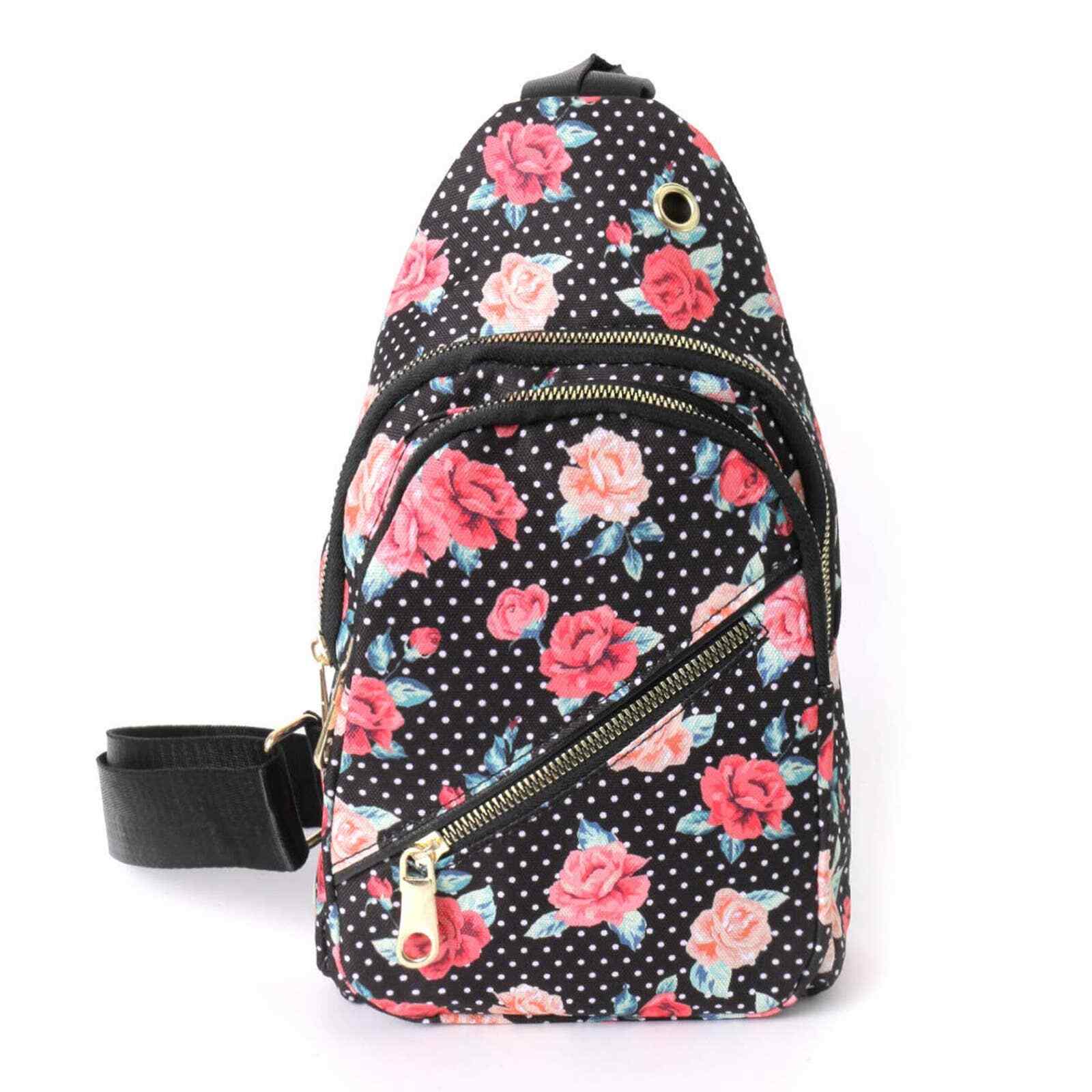 Black Floral Polka Dot Crossbody Sling Purse  